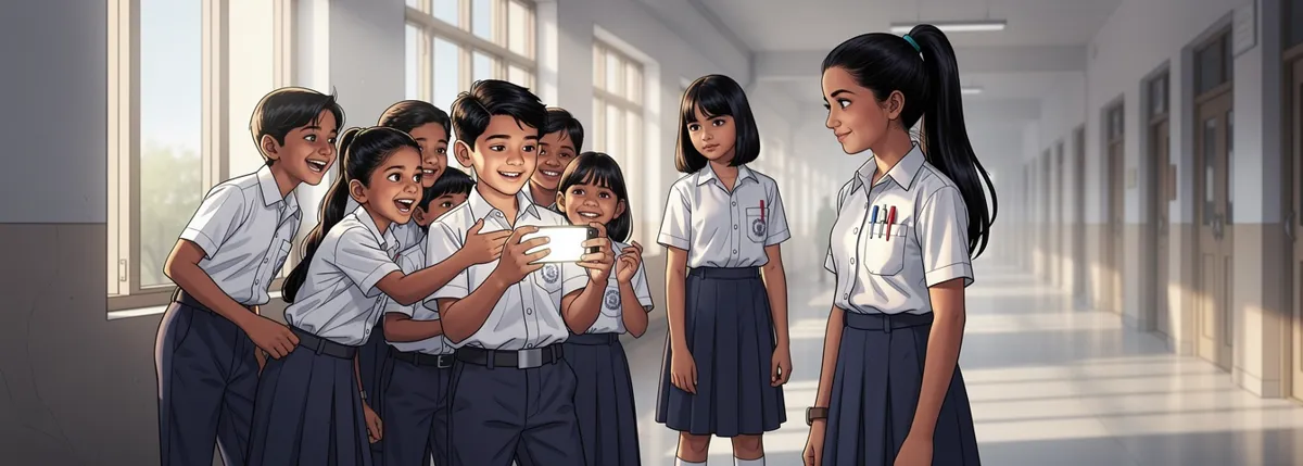 Schoolchildren crowd round one phone in a school corridor; Ananya stands a step apart beside her friend Simran.