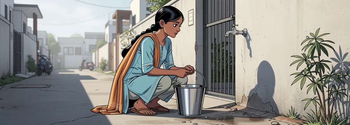Bhavisha crouches by a garden tap on her lane in the May heat, holding an empty steel bucket under its dry mouth.