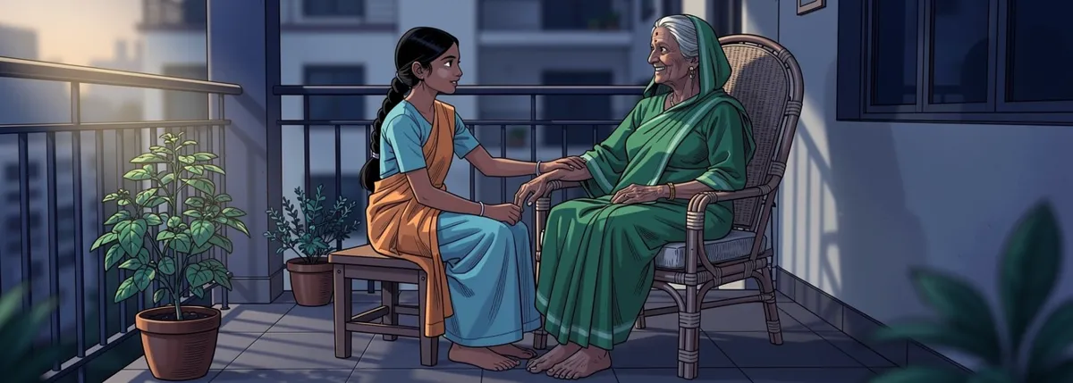Aaji, in a green saree, sits in a cane chair on a small balcony and smiles; Bhavisha sits on a stool beside her, their hands together, listening.