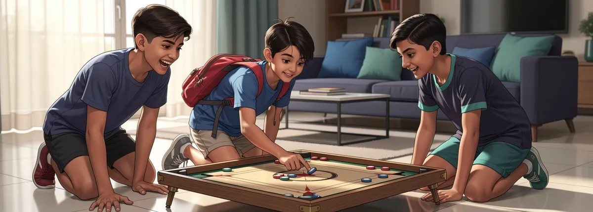 Dhruv, Kunal and Yash kneel round the carrom board, laughing, as Dhruv flicks the striker.