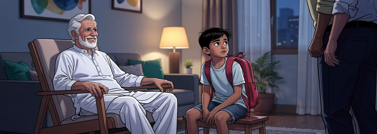 Dadaji smiles from his armchair at a grown man standing at the edge of the room; Dhruv sits on a stool beside him, listening.