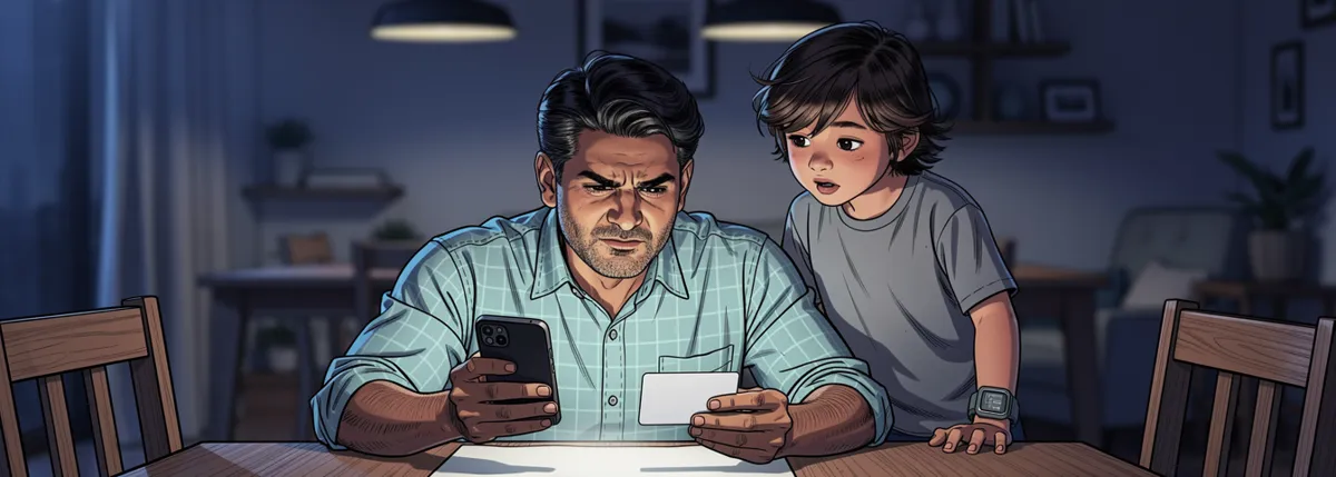 Appa sits at the table with his phone in one hand and a bank card in the other, frowning at the screen; Arjun looks over his shoulder.