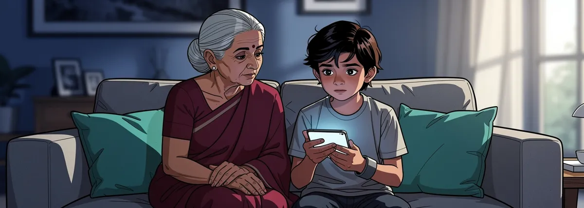 On the sofa Arjun reads aloud from Ajji’s phone while she leans in, listening closely.