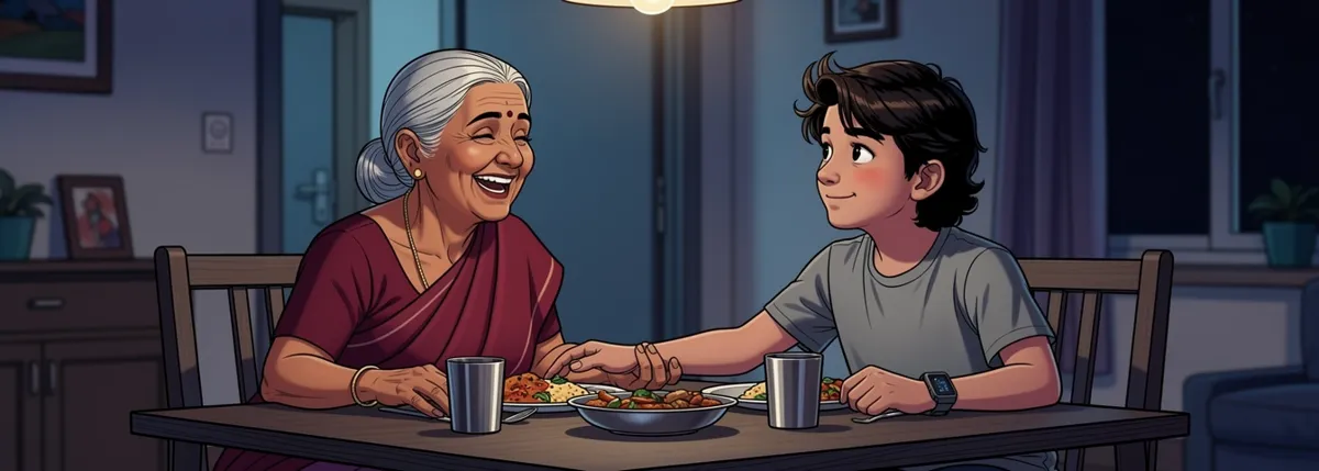 At the dinner table Ajji laughs and pats Arjun’s hand; he smiles back, a little unsure.