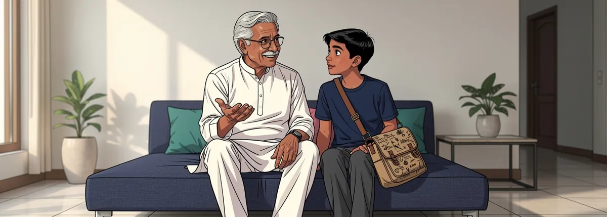 Aarav’s grandfather on a low divan raises one hand, smiling, as he explains; Aarav sits beside her, listening.