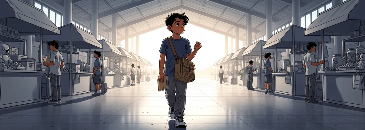 Aarav walks down a long covered hall lined with stalls toward bright daylight at the far end, a notebook in his hand.