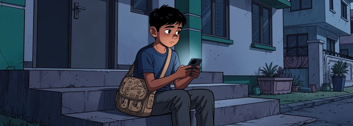 Aarav sits on the front steps of his building holding an old phone, his thumb over the glowing screen, a little fed up.