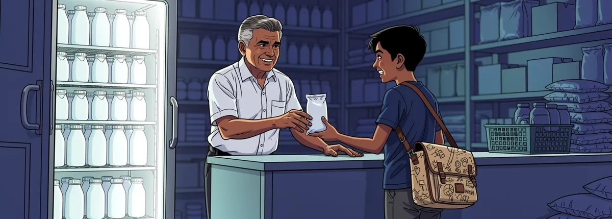 Beside a fridge just inside the door, a shopkeeper hands Aarav a pouch of milk across the counter.