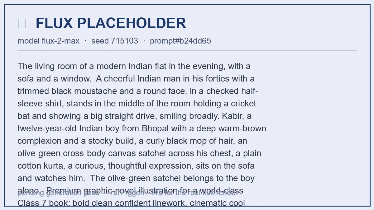 Mamaji, a cheerful man with a moustache, shows a big straight drive with a bat in the living room while Kabir watches from the sofa.
