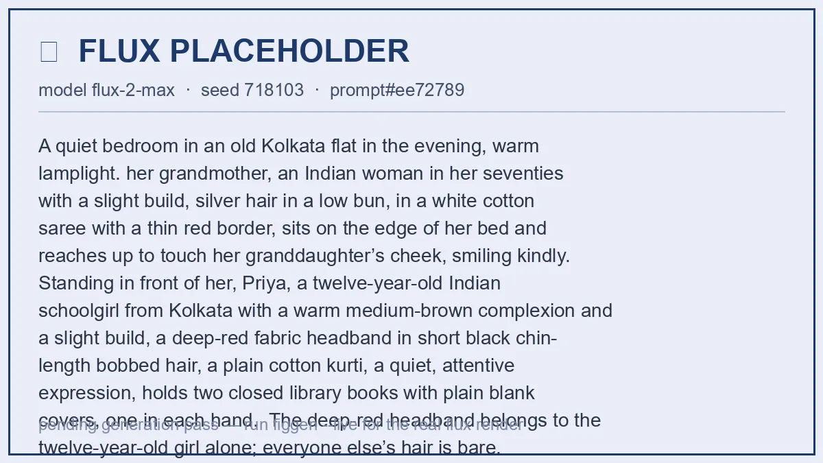 Dida, sitting on her bed, touches Priya’s cheek; Priya holds a library book in each hand.